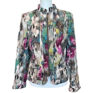 RQT Jacket Medium Petite Corduroy Tan Pink Floral Zip Front Ruffle Neck Pockets